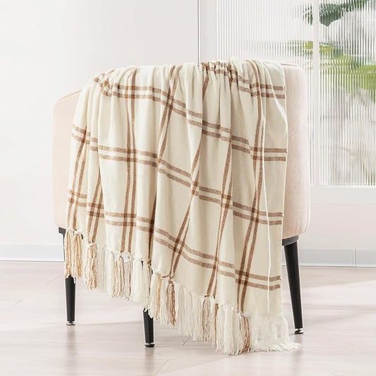 EVERGRACE Plaid Chenille Throw Blanket for Couch, Super Soft Cozy Decorative Windowpane Grid Plaid Throw with Tassels, Lightweight Chenille Knit Throw for Bed Sofa Gift, Cream & Beige 50"x60"
