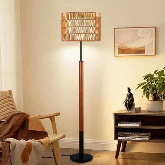 Boho Floor Lamps for Living Room, Rattan Floor Lamp with 3-Way Dimmable Bulb, Wood Floor Lamp with Rattan & Fabric Shades, Solid Wooden Pole Boho Standing Lamps, Large Floor Lamps for Bedroom Office