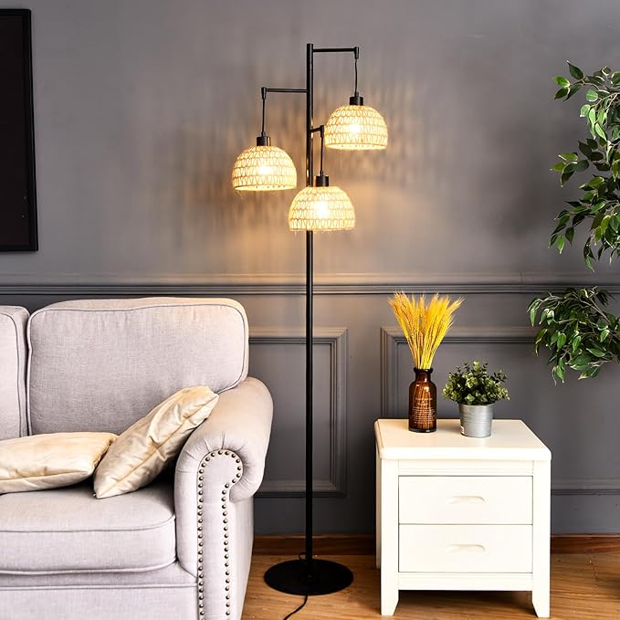 Floor Lamp for Living Room,Bedroom,3-Lights Boho Rattan Floor Lamps,Tree Farmhouse Industrial Black Standing Lamp Wicker Rustic Tall Lamp,Woven Bamboo LampShade Floor Light Bohemian