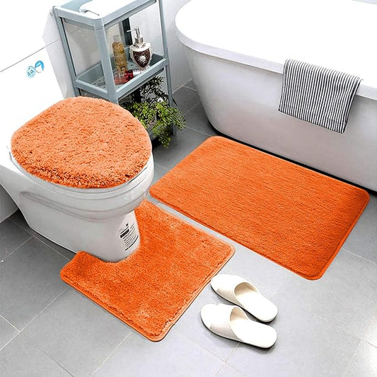 Smart Linen 3 Piece Bathroom Rug Set Includes Bath Rug, Contour Mat and Toilet Lid Cover, Machine Washable, Super Soft Microfiber & Non Slip Bath Rugs with Rubber Backing Solid (Orange)