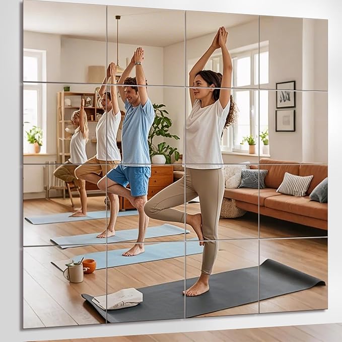 12" x 12" 16Pcs Full Length Wall Mirror Tiles, Frameless Wall Mounted Mirror Glass Wall Peel and Stick Mirror for Home Gym, Door, Bedroom, Living Room (12" x 12"-16PCS)