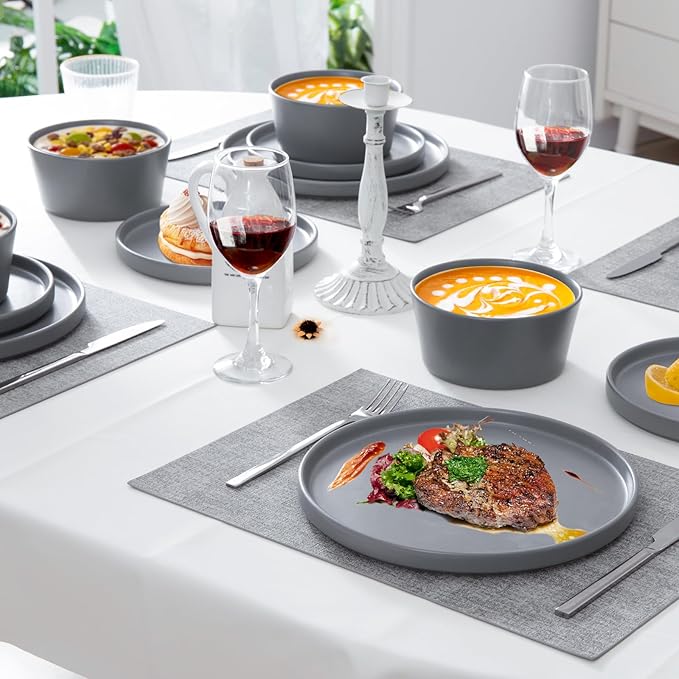Asrug 12-Piece Plates and Bowls Sets,Ceramic Dinnerware Sets for 4, Chip Resistant and Scratch Dish Set, Dining Dinner Porcelain Dishware, Microwave and Dishwasher Safe (Gray)