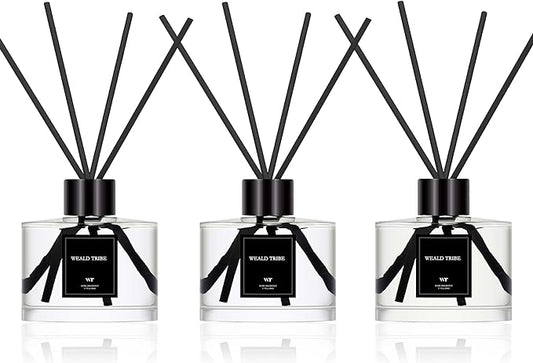 WEALD TRIBE Reed Diffuser Set Of 3 For Bathroom Air Fresheners, Oil Defusers Sticks | Bamboo, Sage & Sea Salt, Sandalwood Ebony Scent(1.7 fl oz Each Pack) Home Fragrance With 12 Sticks | Shelf Decor