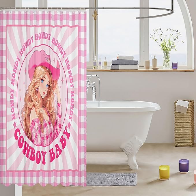 Manfei Western Cowgirl Kids Shower Curtains,Stars Cowboy Rustic Farmhouse Bathroom Curtains for Girls Women,Geometric Grids Patchwork Pink Dreamy Chic Waterproof Curtains,12 Hooks Suits,72" W x 72" L