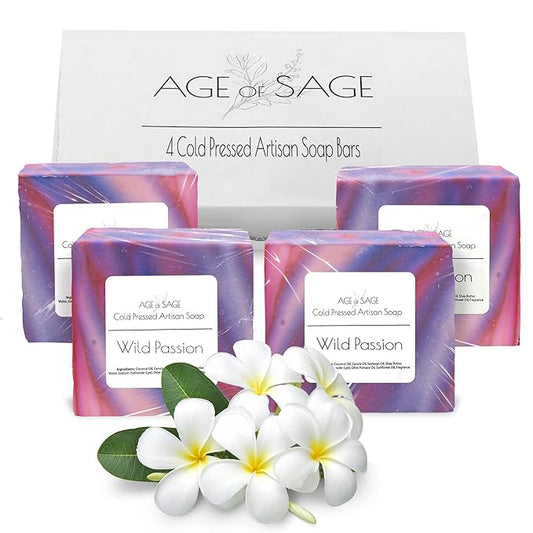 Handmade Natural Bar Soap Gift Set - 100% All Organic Vegan Bath Moisturizing Handmade Artisan Scented Cold Process Fragrant Soaps with Essential Oil - 4 Pack (Wild Passion)