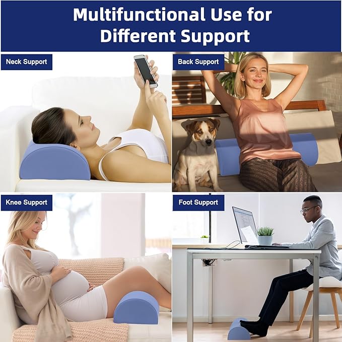 Half Moon Bolster Pillow - Memory Foam Bolster Pillow for Legs, Knee, Foot, and Neck - Leg Pillow for Back Sleeping - Knee Bolster for Sleeping with Cooling Pillowcase (Misty Blue)