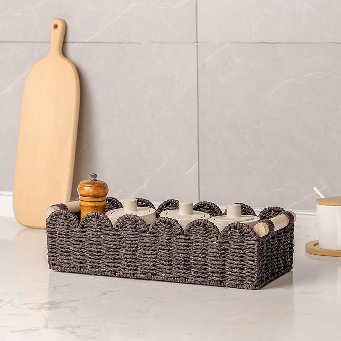 CubesLand Paper Rope Scalloped Edge Shelves Storage Basket, Woven Toilet Paper Baskets for Over Toilet Storage Shelf, Ending Table, Floating Shelves Organizing or Home Décor, with Wood Handle, Brown