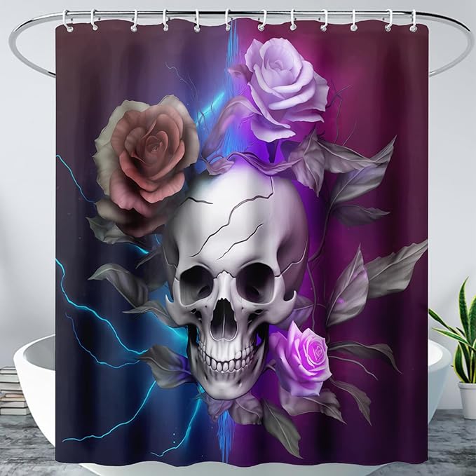 AILONEN 3D Skull Shower Curtain,Purple Rose with Skeleton Design Shower Curtain Set with Hooks for Boys Girls Teens,Gothic Skull with Light Waterproof Fabric Shower Curtain for Bathroom,72" W*84" H