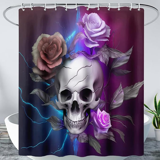 AILONEN 3D Skull Shower Curtain,Purple Rose with Skeleton Design Shower Curtain Set with Hooks for Boys Girls Teens,Gothic Skull with Light Waterproof Fabric Shower Curtain for Bathroom,48" W*72" H