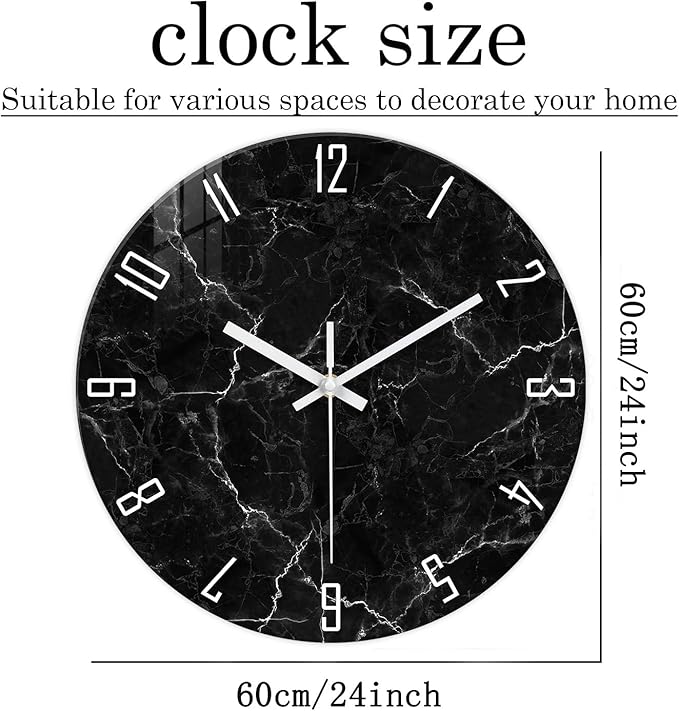 Oversized Decorative Clocks Battery Operated 24 Inch Marble Black Wall Clock for Office Round Non Ticking Wall Clock Silent