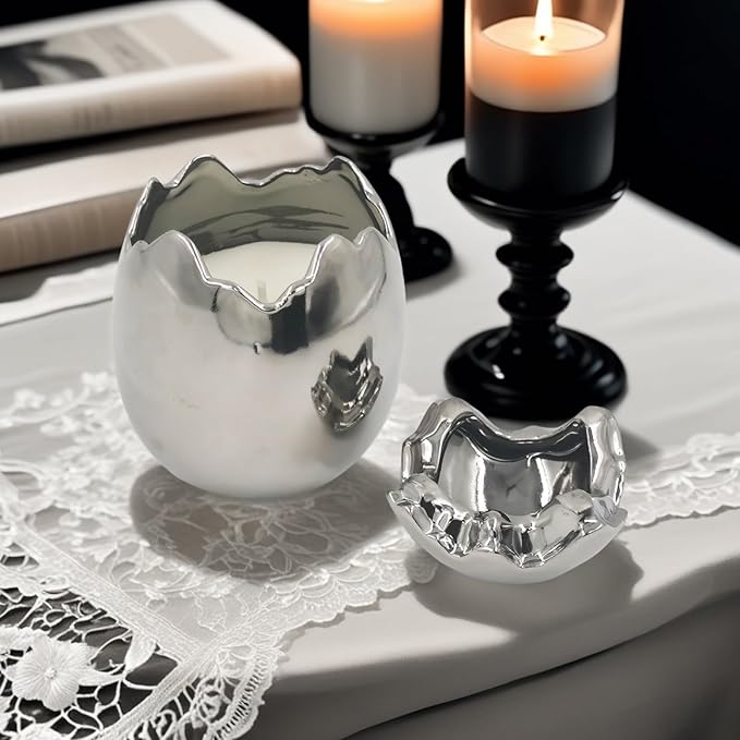 Easter Eggs Scented Candle,Natural Soy Wax, Creative Ceramic Eggshell, Aromatherapy Candle Gift Set, Candlestick Fragrance Gift Decoration (Silver)
