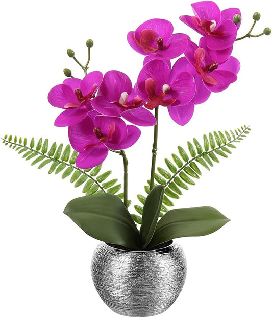 Briful Fake Orchid Fake Flowers 13'' Purple Orchids Artificial Flowers with Silver Ceramic Vase Faux Orchid for Home Office Decor Indoor