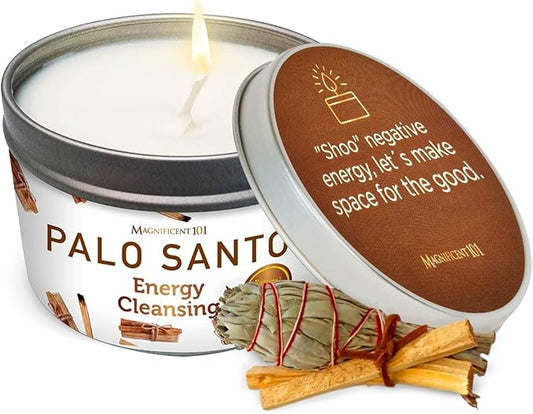 Magnificent 101 Long Lasting Palo Santo Smudge Candle - 6 Oz - 35 Hour Burn Time | Essential Oils, 100% Natural Ingredients | Smoke Free, Petroleum Free Candle to Cleanse Your Home