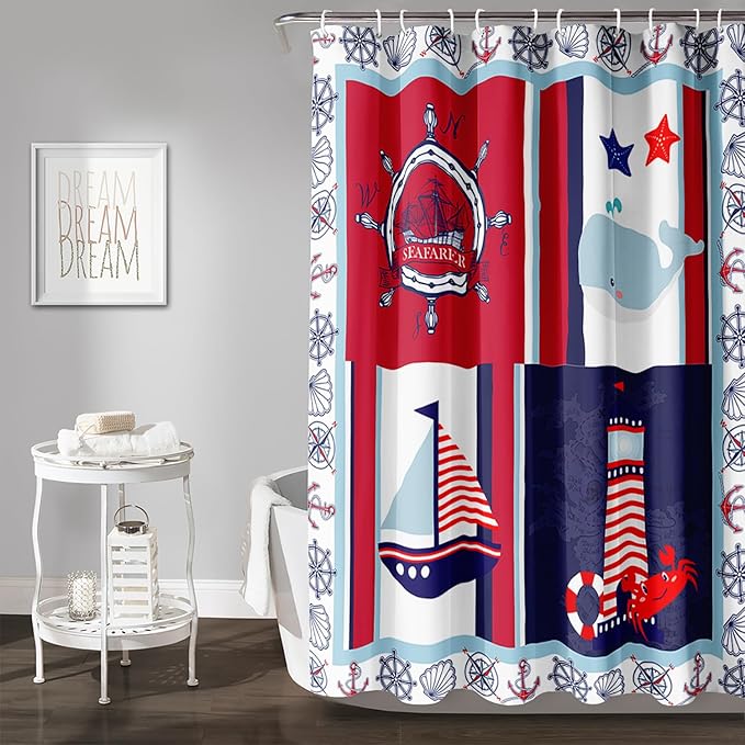 AILONEN Ocean Voyage Shower Curtain 72" W*96" H Coast Whale Lighthouse Rudder Ocean Animal Theme Bathroom Curtain,Teen Men Boys Curtain Polyester Waterproof Seafarer Bathroom Curtain with 12 Hooks
