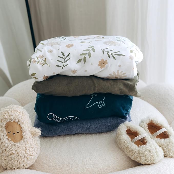 Bassinet Sheet, 100% Cotton Knitted Jersey, Fit Bassinet Crib Mattresses, Fitted Crib Sheets, Super Soft, Toddler Fitted Sheet, Unisex,2 Pack,Dino/Denim Blue, 17x32x4