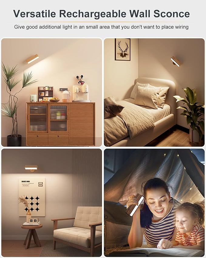 Wall Lights Battery Operated Wooden,Magnetic Wall Sconces Rechargeable,Adhesive Wall Lights for Bedroom,Dimmable Wall Mounted Bedside Lamp,Cordless Battery Wall Sconce for Bedroom Reading