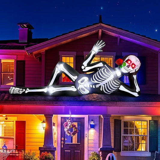 10FT Halloween Inflatable Outdoor Decoration, Halloween Blow Up Yard Decorations with LED Lights, Lying Giant Skeleton Inflatable for Rooftop Garden Lawn Balcony Holiday Party Decorations