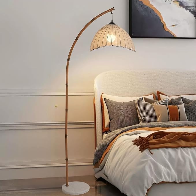 Retro Floor Lamp Unique Bamboo Color Floor lamp Bohemian Hanging Arc Floor Lamp with Antique Rattan Style Vertical Standing tall Lamp for Bed Room Farmhouse Study Living Room Indoor decoration