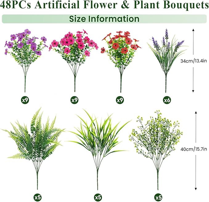 48 Bundles Artificial Flowers for Outdoors Spring Summer Decoration, UV Resistant Eucalyptus Violet and Lavender Silk Fake Plants for Outside Indoor Yard Home Patio Decor, Red Rose Purple