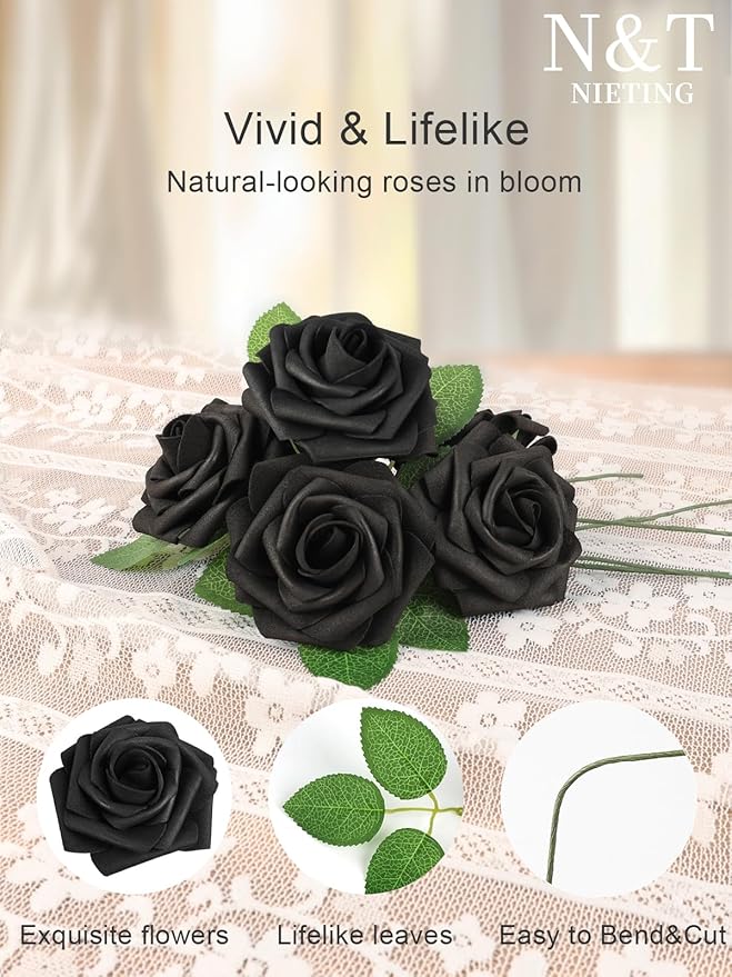 N&T NIETING Artificial Flowers Black Rose 25pcs Real Touch Flowers Perfect for for DIY Bouquets Wedding Party Baby Shower Home Decoration