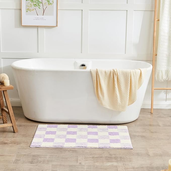 CozeCube Checkered Bath mats Non Slip, Fluffy Absorbent Microfiber Bath mat Washable, Aesthetic Bathroom Rugs, Large Bath mat for Bathroom Floor, Tub and Shower, Purple, 36"X24"