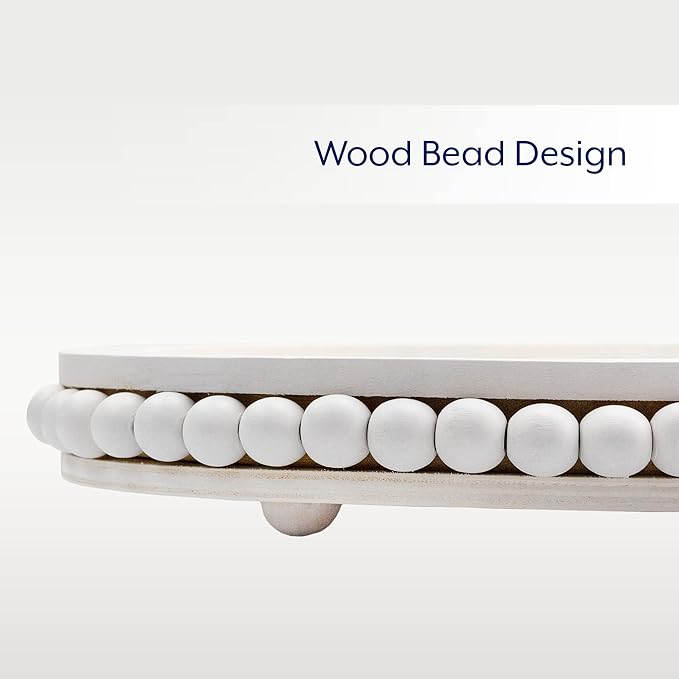 AuldHome Wood Beaded Tray (White), Decorative Farmhouse Style Oval Wooden Tray
