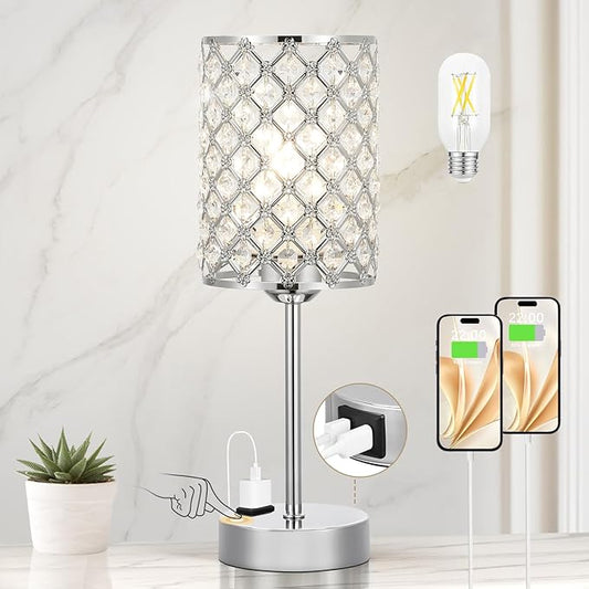 Hong-in Crystal Table Lamp, Crystal Lamp Touch Control with USB-C USB-A Charging Ports & AC Outlets, 3 Way Dimmable Bedside Lamp-Nightstand Lamp Modern Light for Bedroom, Living Room, Bulb Included