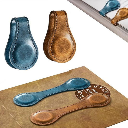 2PCS Magnetic Leather Bookmarks, Best Vintage Book Page Markers Clips Gift for reading men women teachers book lovers, Handmade Genuine Leather Magnetic book marks set of 2 (Earth Brown+Prussian Blue)