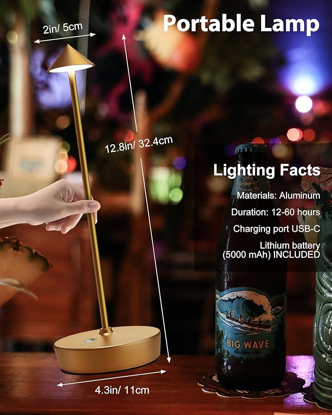 Cordless Table Lamps Rechargeable, 6000mAh Battery Operated LED Desk Lamp Outdoor Waterproof Portable Touch Dimmable Table Night Light for Patio Restaurant Dining Home Bronze