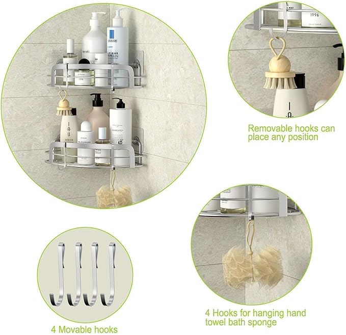 STEUGO 2 Pack Shower Caddy Corner, Bathroom Corner Shower Shelfs, Adhesive Wall Mounted Shower Caddy with 4 Movable Hooks, No Drilling Shower Shelf, Stainless Steel Silver.