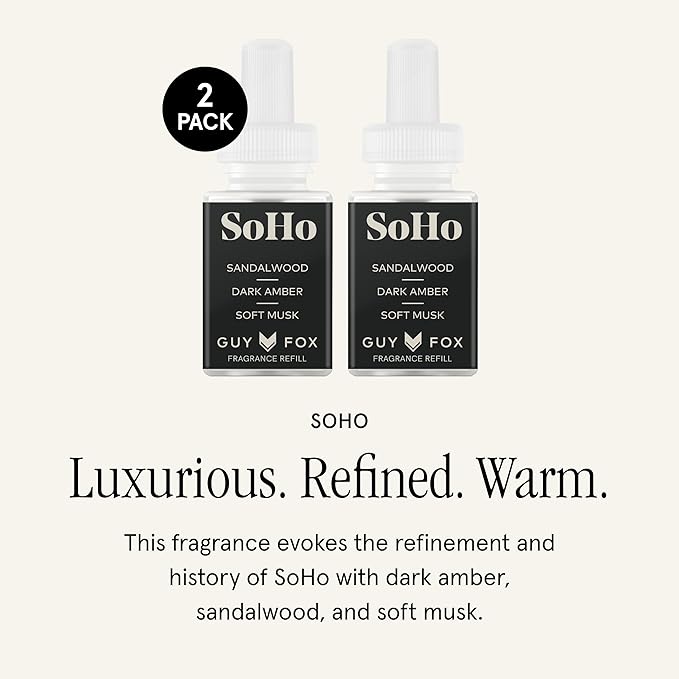 Pura & Guy Fox Home Scent Refill - Smart Home Air Diffuser - Up to 120-Hours of Premium Fragrance per Refill - Household & Apartment Essential - Clean Diffuser Fragrance - 2 Pack, SoHo