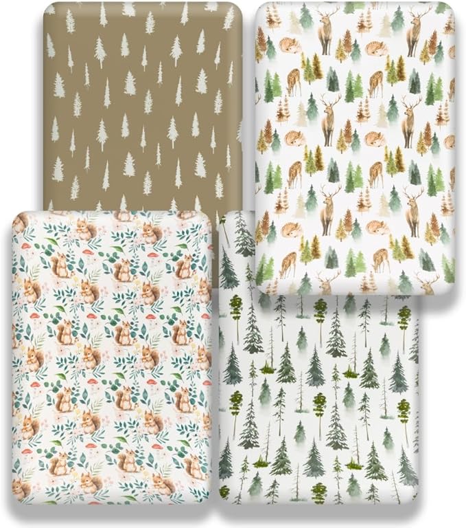4 Pack N Play Sheets Woodland Forest Animals Wood Neutral Unisex Fitted Baby N Play Sheets Fitted for Standard Pack and Plays and Mini Cribs Set for Baby Boys or Girls (Cartoon Fox)