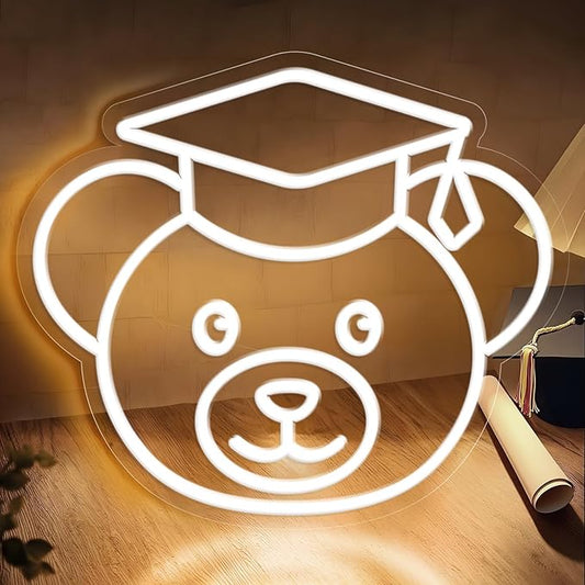 Bear Neon Sign for Wall Decor,Dimmable Bear with Graduation Hat Neon Light,White Grad Light Up Signs for Class of 2025 Graduations Background Decoration Celebration Gifts