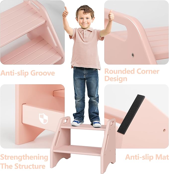 AMBIRD Wooden Step Stool, Two Step Stools Toddler 300 lbs Capacity with Safety Non-Slip Pads and Handles, Bamboo Step Stool for Bathroom, Kitchen Step Stools Dual Height Step Stools for Kids (Pink)