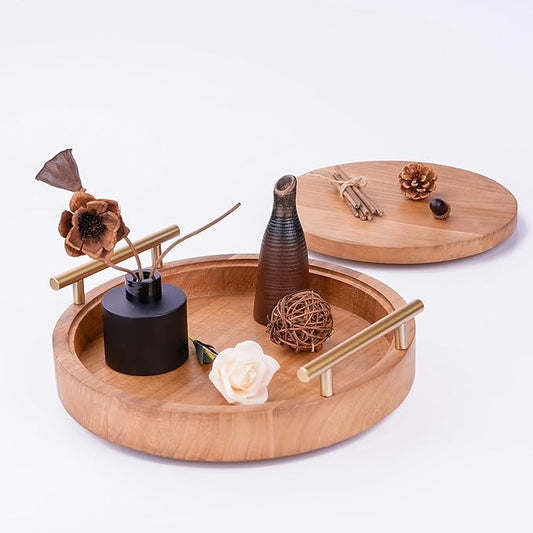 Set of 2 Wood Decorative Trays with Handles 12 Inch Round Decorative Tray for Room Decor, 2 in 1 Counter Decor Trays for Coffee Table,Round Tray for Storage and Display