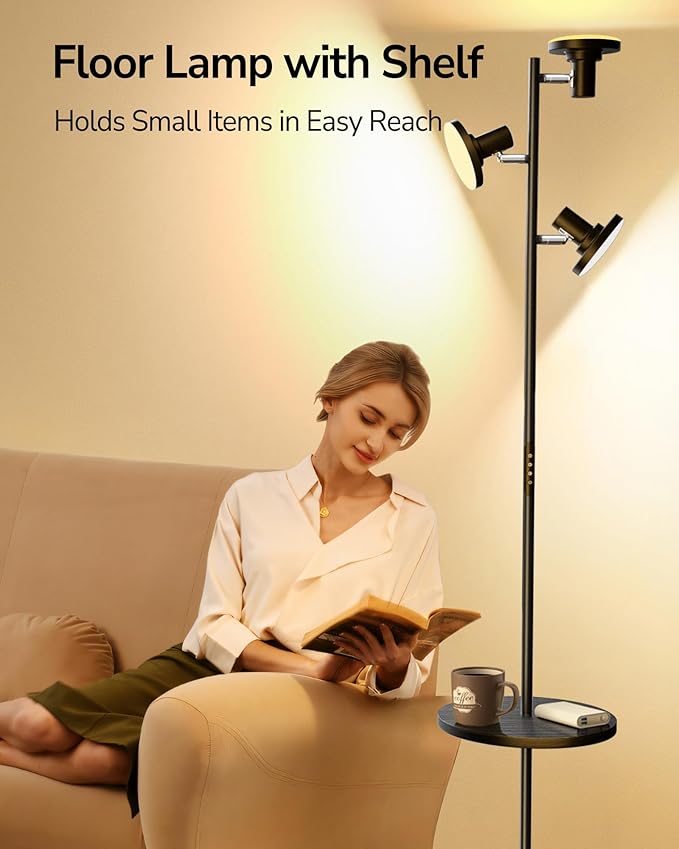 ULG Floor Lamp with Shelf 3-Light Standing Tree Lamp Independent Control Modern Decor Light Color/Intensity Changing Remote & Button Control 1200lm LED Lamp for Living Room Home Office Bedroom, Black