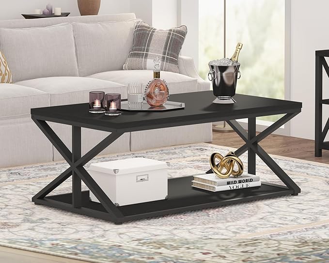 Modern Coffee Table with Storage, Farmhouse Living Room Table, Minimalist Rectangle Center Table, Industrial Vintage Wood Tea Table, 39 Inch, Black Oak