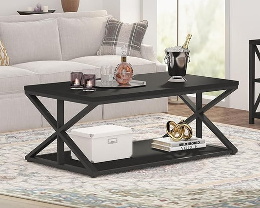 Modern Coffee Table with Storage, Farmhouse Living Room Table, Minimalist Rectangle Center Table, Industrial Vintage Wood Tea Table, 39 Inch, Black Oak