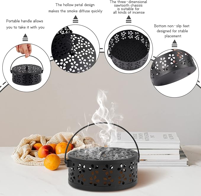 Portable Iron Mosquito Coil Holder with Handle Round Heat-Resistant Incense Holder for Home Office Camping (Black, 1Pack)