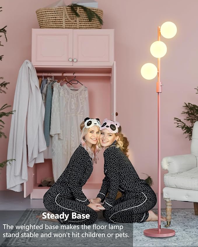 64IN Dimmable Pink Floor Lamp, Tall Standing Lamps with 3 Globe Soft Warm White Eye Care 3000K G9 Bulbs, Mid Century Modern Floor Lamp for Bedroom Office