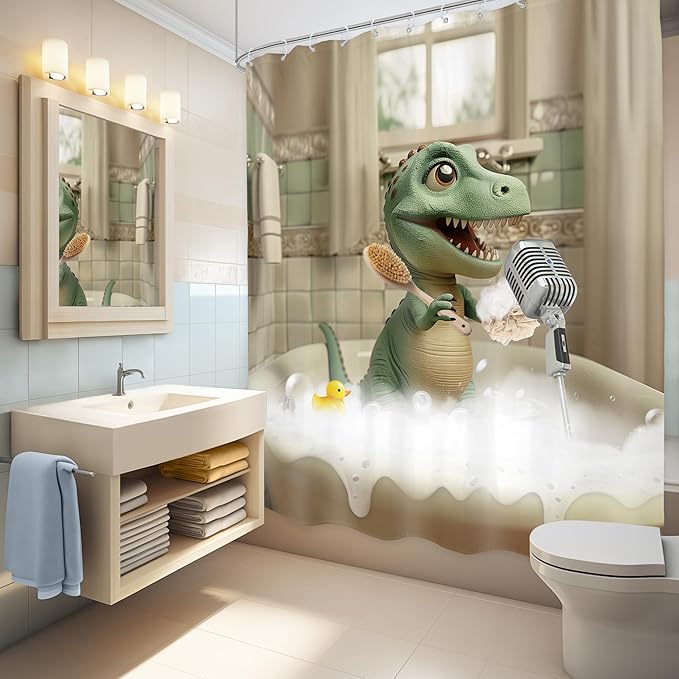 LGhtyro Kids Funny Dinosaur Shower Curtain Bathroom Set 60Wx71H Inches Boys Cartoon Dino Singing in Bathtub Cute Trex Animal Raptor Child Bath Accessories Bubbles Art Home Decor Fabric 12 Pack Hooks