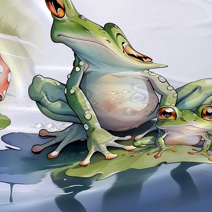 AILONEN Cartoon Frog Shower Curtain,Cute Green Frog Amphibious Animal Waterproof Fabric Bath Curtain for Kids Girls Boys,Red Mushroom Shower Curtain Set for Bathroom with Hooks,72" W*78" H