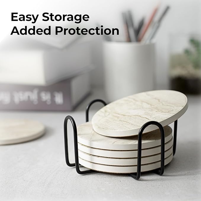 LIFVER Coasters Set of 6 Absorbent Drink Coasters with Holder, Marble Style Ceramic Thirstystone Coasters for Home Decor Coffee Table Protection, 4 Inches Suitable for Kinds of Cups Housewarming Gift