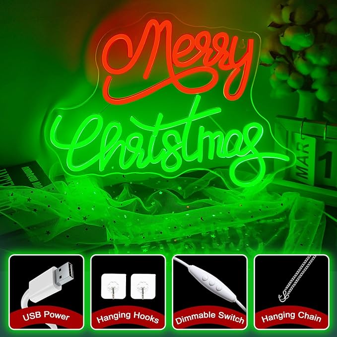 NOSUN Merry Christmas Neon Sign - Dimmable Led Signs for Wall Decor, Christmas Party, Bedroom, Window, Bar, Club, Shop - Gift Decor