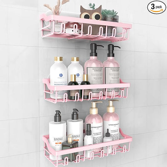 3 Pack Adhesive Shower Caddy, Rustproof Stainless Steel Shower Racks for Bathroom Organizers & Storage, Pink Wall Mounted Shower Shelves for Inside Shower Apartment Bathroom Essentials