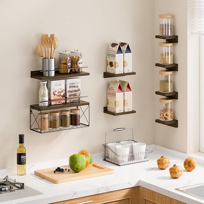 Floating Shelves for Wall Set of 8, Wall Shelves for Decoration and Storage, Bathroom Shelves with Wire Storage Tier, Wood Shelves for Bathroom, Living Room, Bedroom, Kitchen (Brown)
