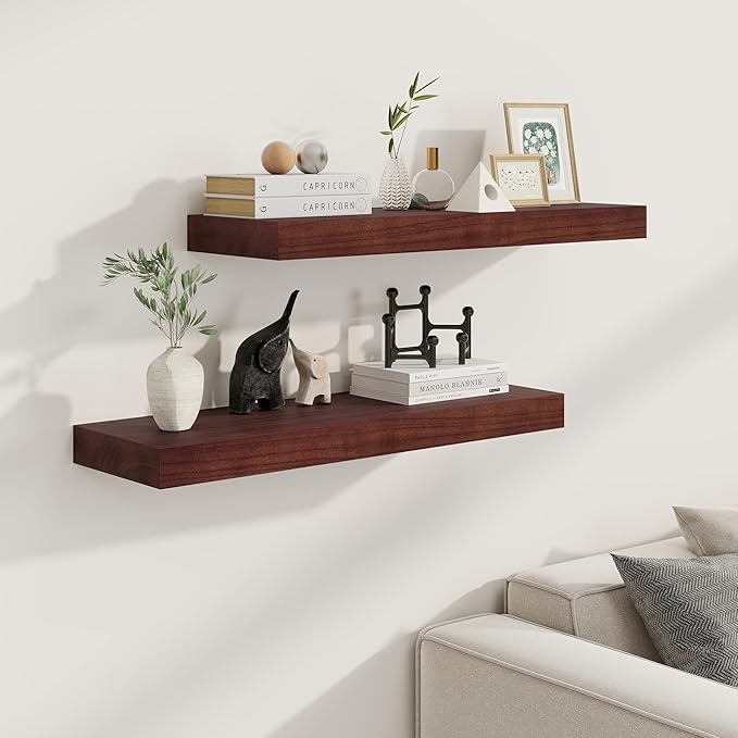 Fun Memories 9 Inch Deep Floating Shelves, Rustic Solid Wood Floating Shelf 30 Inch Long, 30 x 9 Wide Bathroom Shelves for Storage & Display, Walnut Color