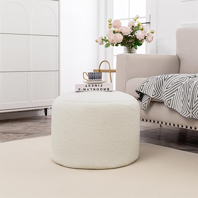 Round Pouf Ottoman 20 x 20 x 14 Inches Boho Poof Home Decor Floor Pouffe Ottoman Foot Rest for Couch Sofa Bean Bag Chairs Living Room Bedroom Ivory