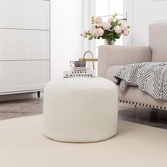 Round Pouf Ottoman 20 x 20 x 14 Inches Boho Poof Home Decor Floor Pouffe Ottoman Foot Rest for Couch Sofa Bean Bag Chairs Living Room Bedroom Ivory