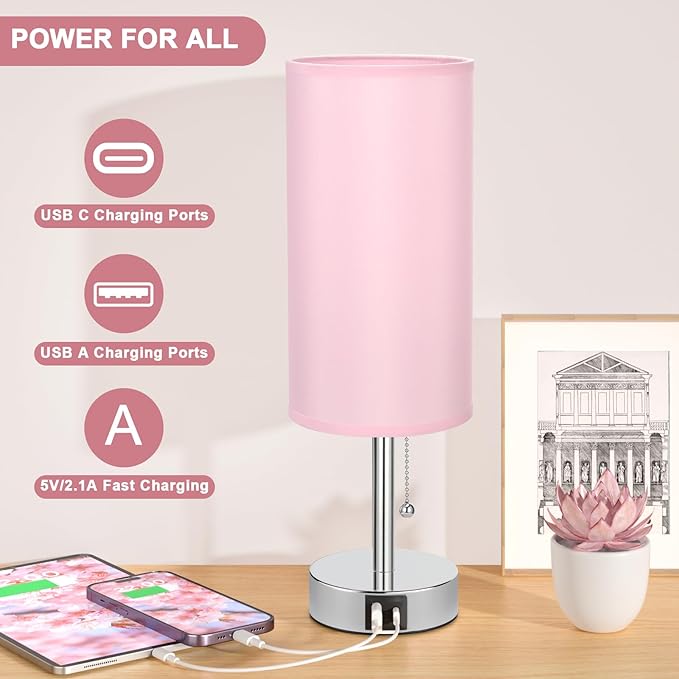 Hong-in Pink Bedside Lamp for Bedroom-Nightstand Lamps with 3 Color Modes with USB-C+A Charging Ports, 3000/4000/5000k Bedroom Lights by Pull Chain